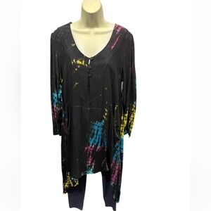 NWT.   L/XL. Sacred Threads Black Tie-Dye Tunic with Pink and Yellow Accents